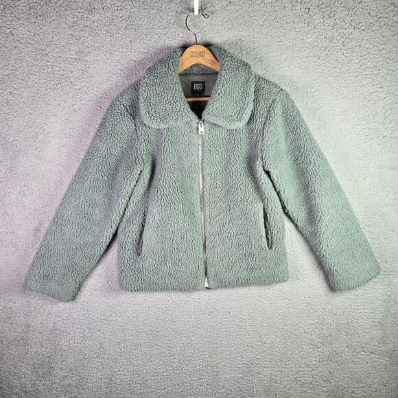 BDG Urban Outfitters Sherpa Teddy Cropped Jacket Sage Green Boxy Fleece Zip S - Picture 4 of 12